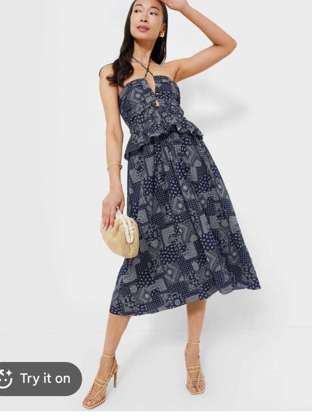 En Saison Women’s Daytona Blue White Bandana Print Peplum Halter Midi Dress Sz M